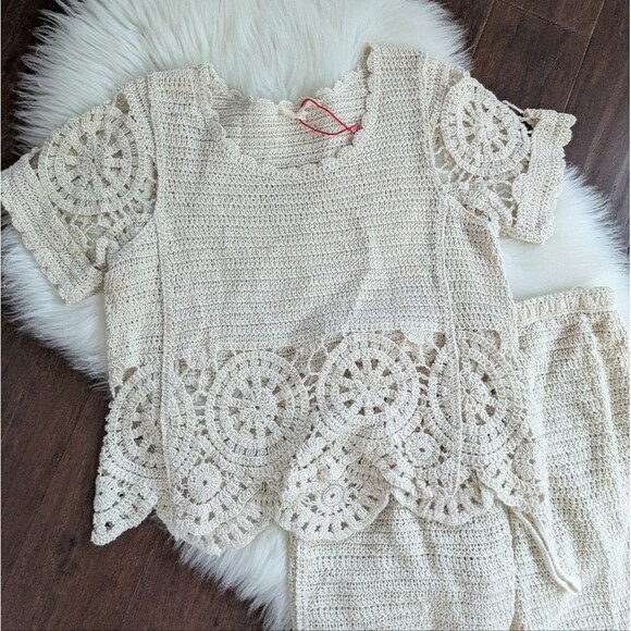 Solitaire 2 Piece Crochet Pant Short Sleeve Top Set M Medium Ivory White Beach - Picture 4 of 6
